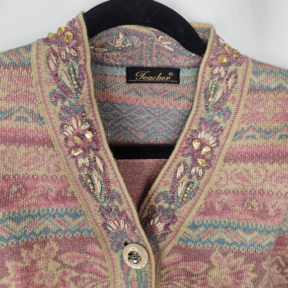 Vintage Teacher Cardigan Embroidered Beaded Sweater Size Small Paisley Cottage - Picture 2 of 6